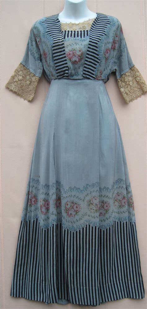 Antique Edwardian Dusty Blue Silk Day Dress Roses Black Stripes