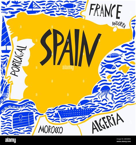 Vector Hand Drawn Stylized Map Of Spain Travel Illustration Of Spain