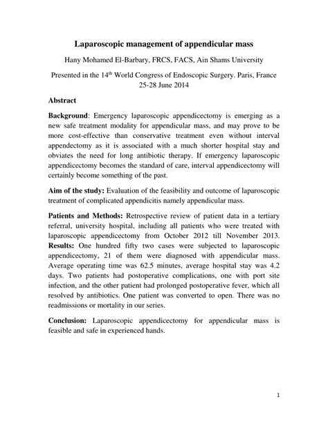 (PDF) Laparoscopic management of appendicular mass