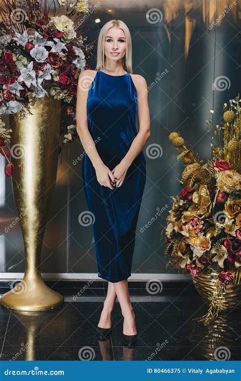 Beautiful Blonde Woman Posing In Blue Dress Stock Image Image Of