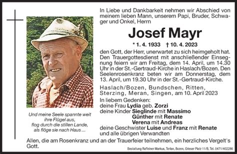 Traueranzeigen Von Josef Mayr Trauer Bz