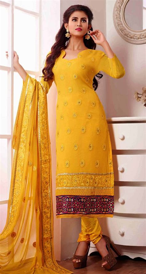 Yellow Chiffon Churidar Suit 44571 Chudidar Designs Dress Materials