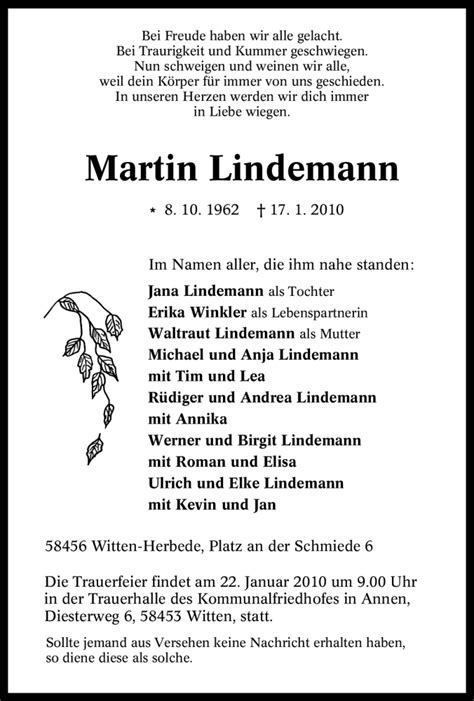 Traueranzeigen Von Martin Lindemann Trauer In Nrw De