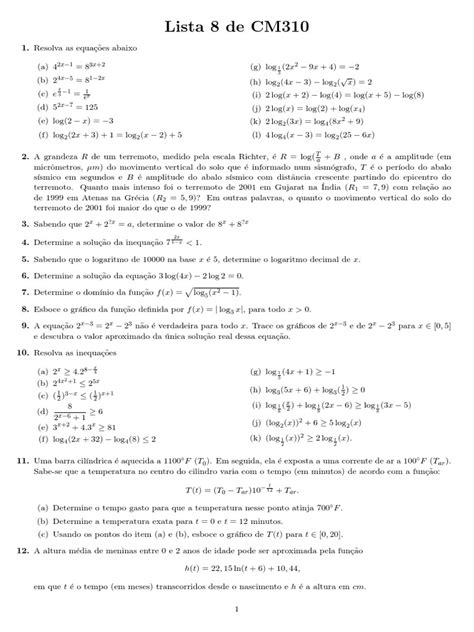 Lista De Exercícios Sobre Logaritmos Funções Exponenciais E Equações