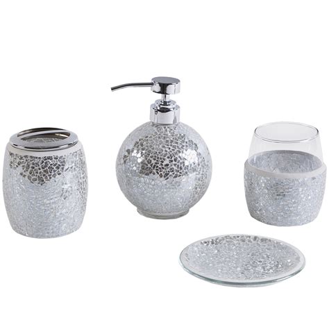 Home Essence 4 Piece Glass Bath Accessories Sets Silver