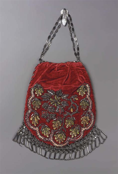 Chatelaine Bag Red Silk Velvet Embroidered With Cut Steel Beads And