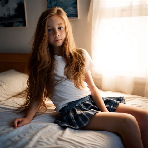 Tween Girl Long Straight Hair Laying On Bed In Miniskirt Leg By