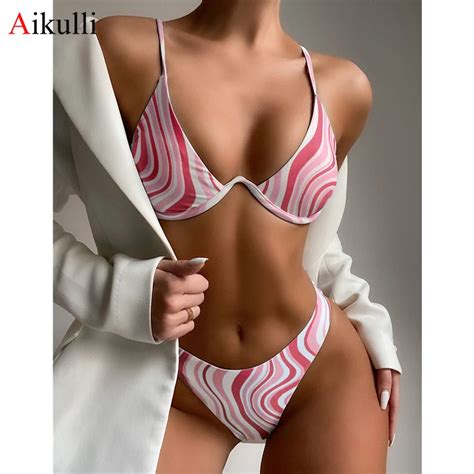 Bikini Sexy a rayas con escote en V para mujer traje de baño con aros