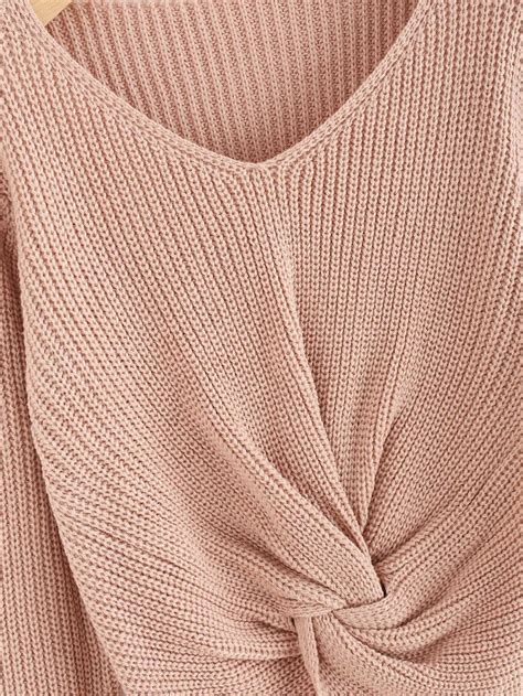 V Neckline Twist Front Sweater Shein Sheinside