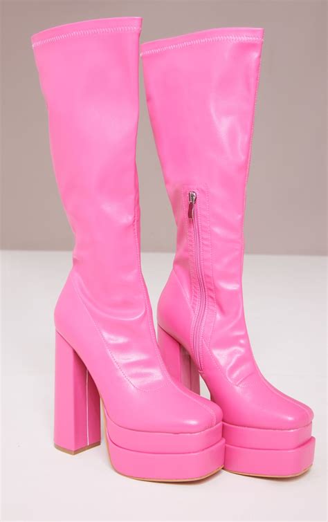 Pink Double Sole Platform Knee High Boots Prettylittlething