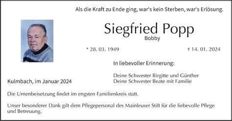 Siegfried Popp Traueranzeige Trauer Infranken De