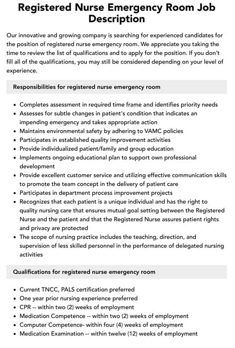 Registered Nurse Emergency Room Job Description Velvet Jobs