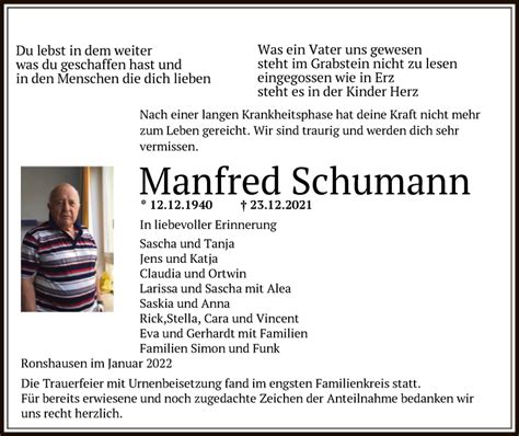 Traueranzeigen Von Manfred Schumann Trauer Hna De