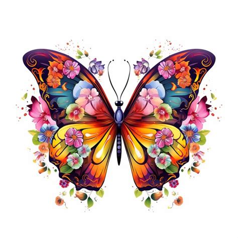 Premium Photo Brightly Colored Butterfly With Flowers And Leaves On