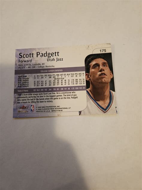 1999 00 Skybox Impact Basketball 175 Scott Padgett Utah Jazz Rc Rookie