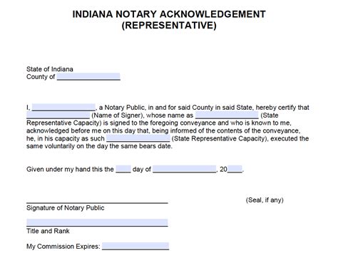 Free Indiana Notary Acknowledgement Representative Pdf Word