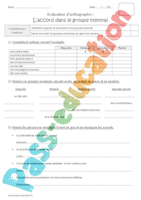 Evaluation Accord Dans Le Groupe Nominal Cm Cycle Bilan Et