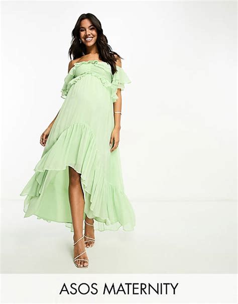 Asos Design Maternity Ruffle Cut Out Off The Shoulder Maxi Dress With Hi Low Hem In Sage Green