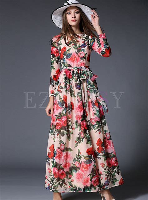 Crew Neck Floral Long Sleeve Maxi Dress Long Sleeve Floral Maxi Dress Floral Chiffon Dress