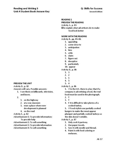 U Answerkey Reading Reading And Writing Q Skills For Success