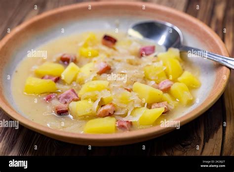 Czech Traditional Cabbage Soup With Smoked Meat And Potatoes Stock