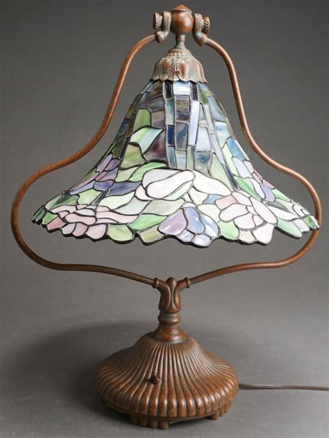 Lot Art Nouveau Style Patinated Metal Table Lamp With Slag Glass Shade H 24 In 61 Cm