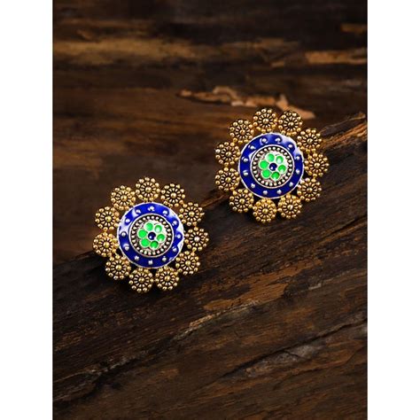 Buy Zaveri Pearls Blue Green Enamelling Circular Ethnic Stud Earring