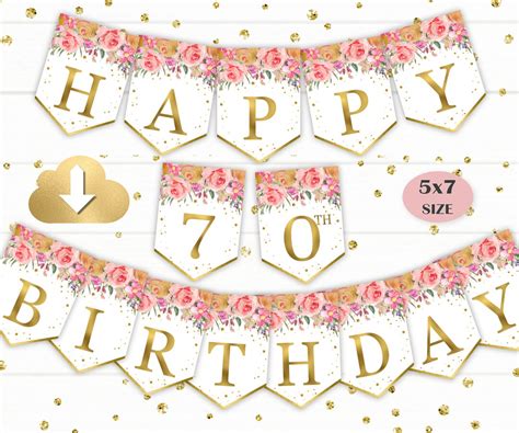 Happy 70th Birthday Printable Banner Floral Pink Gold 70th - Etsy