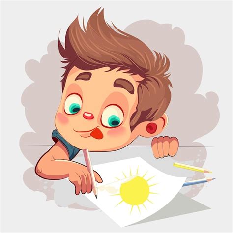 Un niño dibujando un sol en un papel con un lápiz Vector Premium