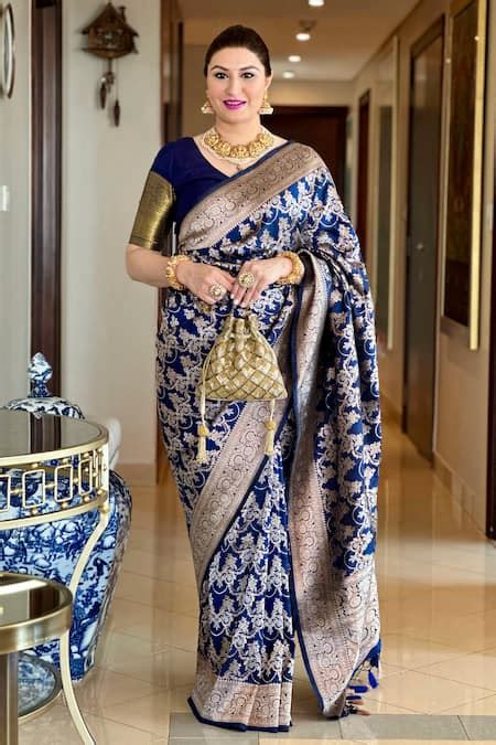 Buy Blue Katan Silk Woven Floral Bouquet Saree With Running Blouse For