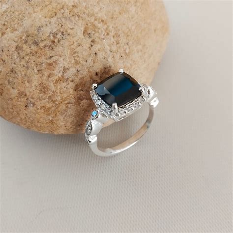 Black Spinel Ring Cushion Cut Wedding Engagement Ring Sterling - Etsy