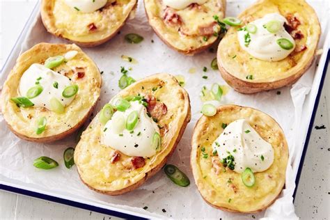 Cheddar Chive And Bacon Stuffed Potato Skins Recipe Potato Skins Cheesy Recipes Potatoes