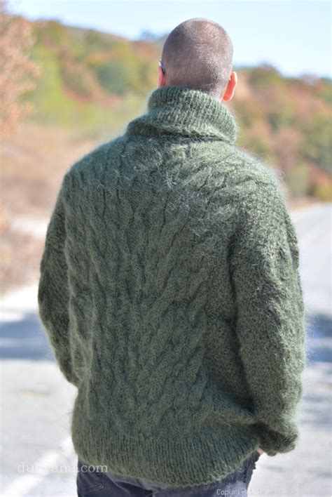 Handmade Soft Mohair Tneck Cable Mens Sweater In Hunter Greentm70