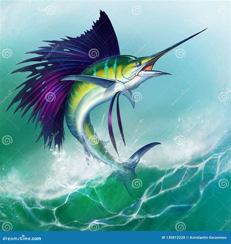 Sailfish Fish On White Striped Big Marlin Stock Illustration