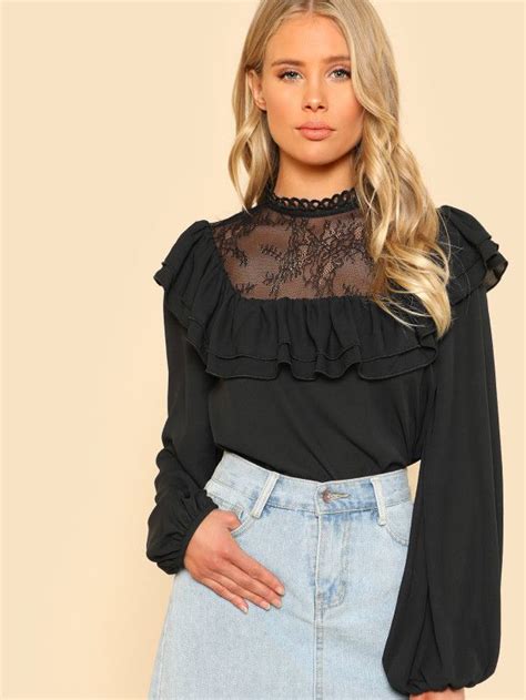 Shein Lace Yoke Flounce Trim Blouse Lace Top Long Sleeve Sheer Lace