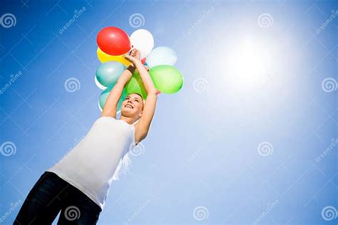 Woman Holding Bunch Of Balloons Stock Image Image Of Decoration