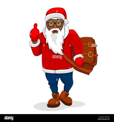 African Black Santa Claus Trendy Clothes Big Bag Show Thumb Up Vector