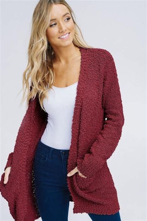 Burgundy Plush Popcorn Cardigan Sweater Burgundy Cardigan Knit Cardigan Fashion