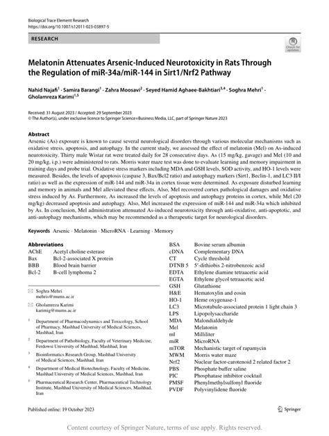 Melatonin Attenuates Arsenic Induced Neurotoxicity In Rats Through The