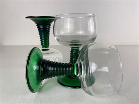 3 Large Green Stemmed Wine Glasses Green Ribbed Stem Roemer Wine Glases Vintage Mid Century