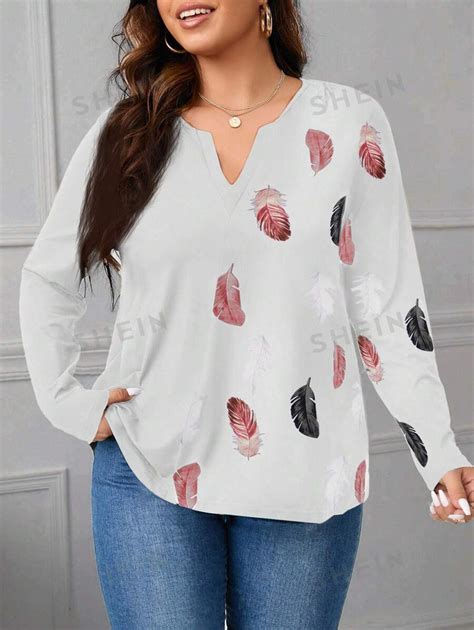 Shein Lune Plus Feather Print Notched Neckline Tee Shein Usa