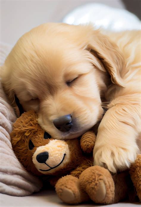 Cute Puppy Sleeping With Teddy Bear Golden Retriever Adorable Happy