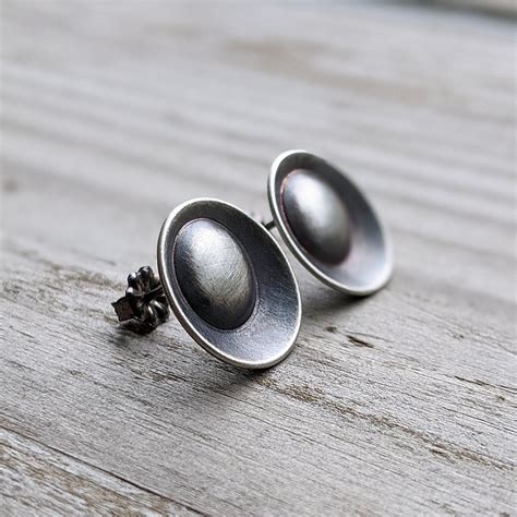 Oxidized Silver Stud Earrings Edgy Modernist Stud Earrings Etsy