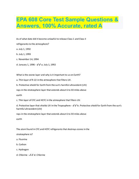 EPA 608 Core Test Sample Questions Answers 100 Accurate Rated A