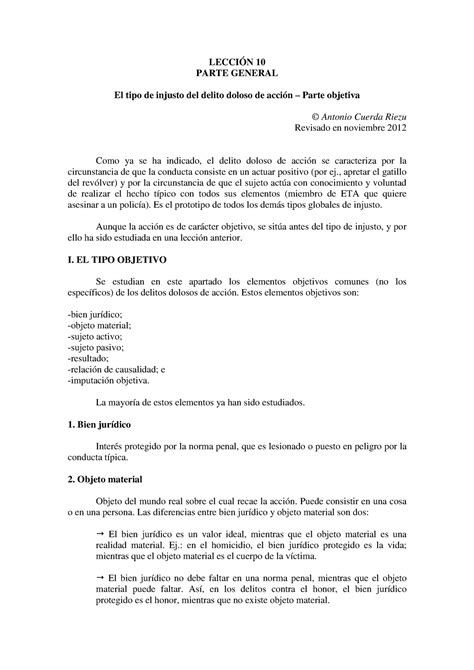 Tema 10 Dp Apuntes Derecho Penal I Profesor Antonio Cuerda LecciÓn 10 Parte General El Tipo