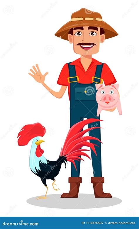 Farmer Cartoon Character Cheerful Gardener Stands Near Rooster And