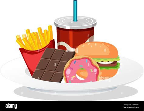 unhealthy junk food plate set  soda drink fries burger donut