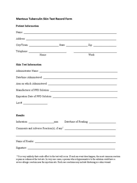 Tuberculin Skin Test Record Form Pdf