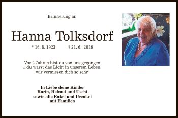 Traueranzeigen Von Hanna Tolksdorf Trauer Gea De