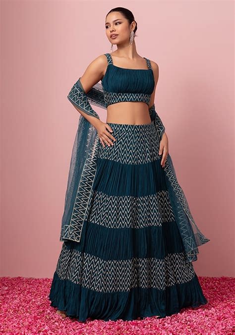 Buy Women Teal Chevron Sequin Embroidered Lehenga Set With Embroidered